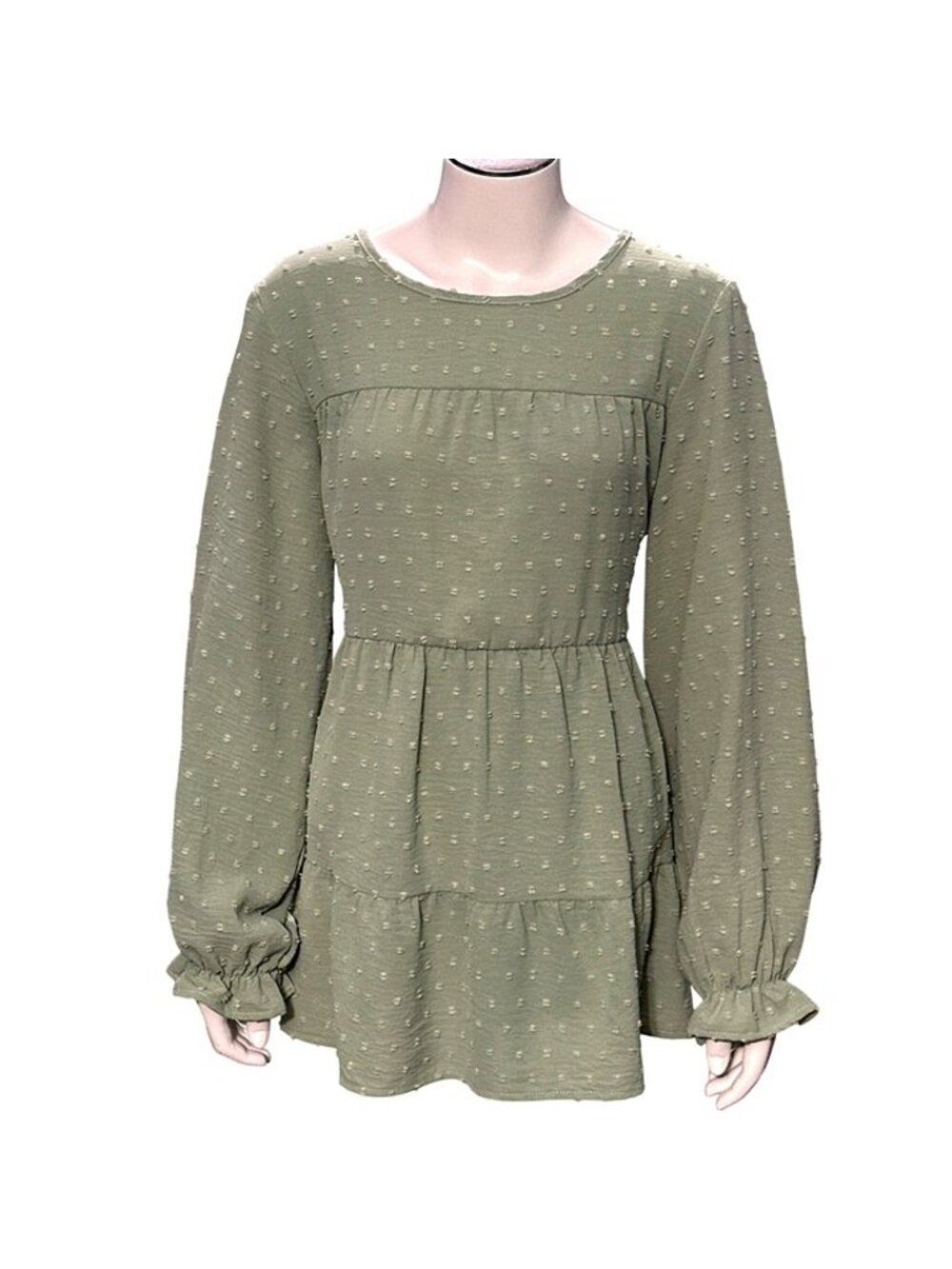 Tiered Green Long Sleeve Babydoll Dress Relaxed Fit Textured Dot Fall Outfit